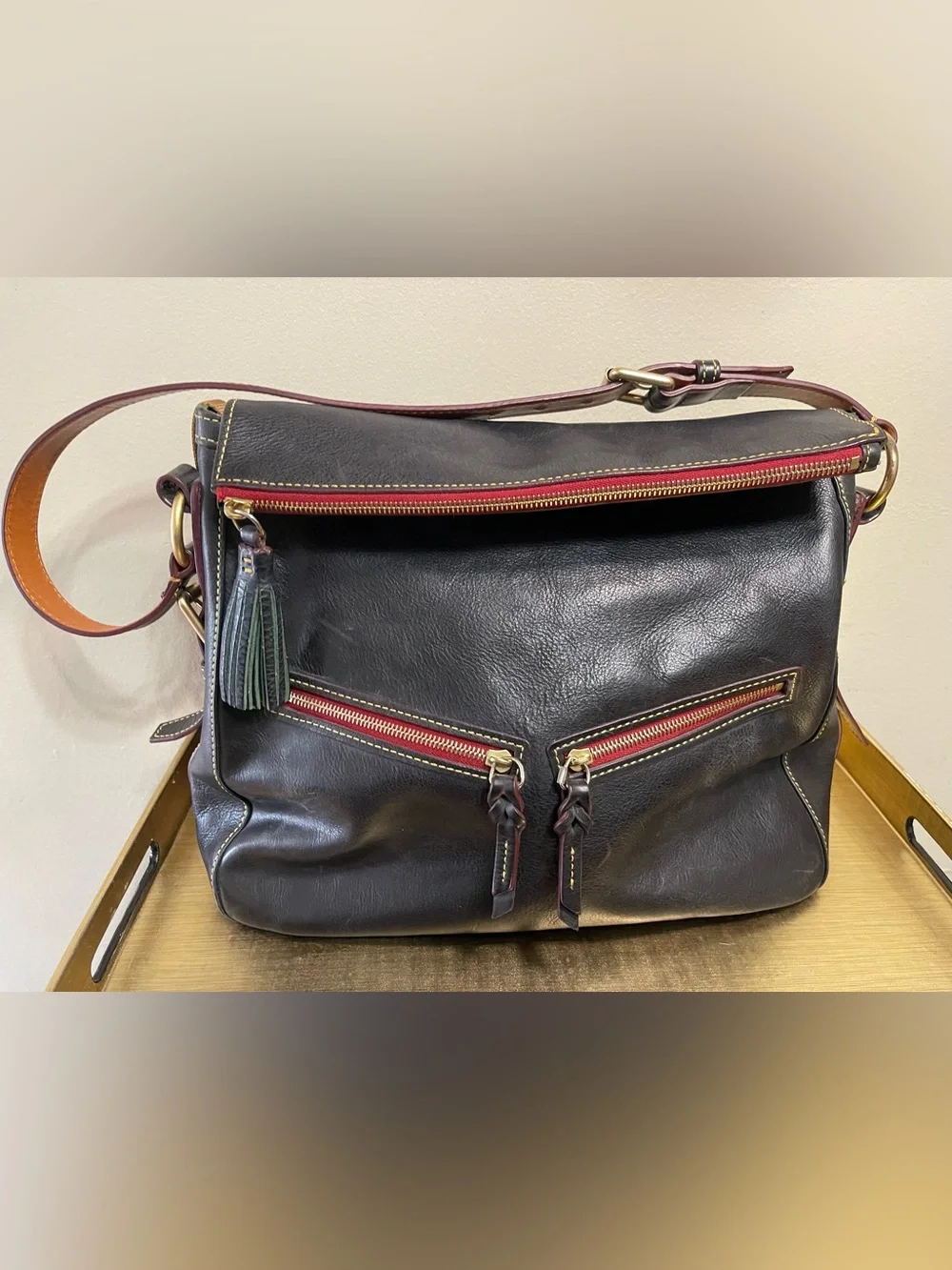 Dooney & Bourke Dark Brown Leather Hobo with Red Zip and Tan Strap